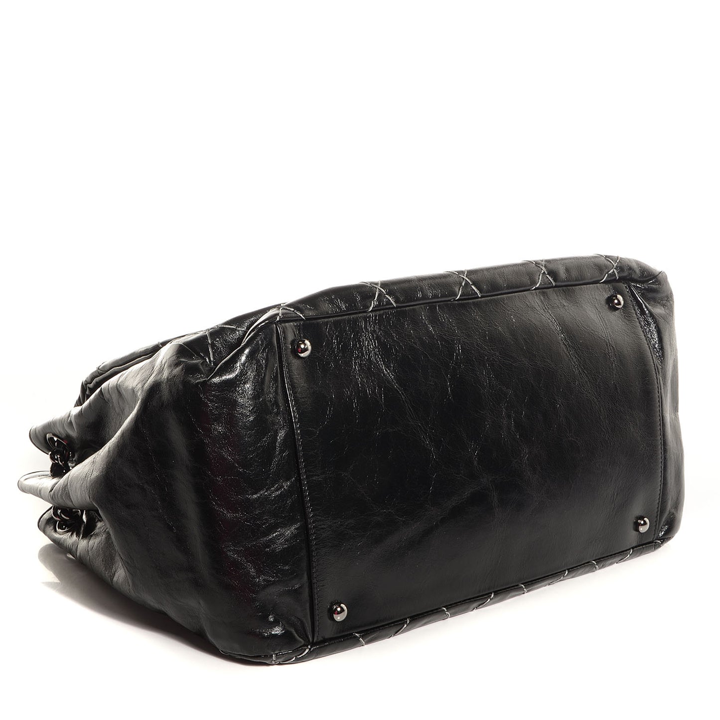 Glazed Goatskin Double Stitch Accordion Flap Black