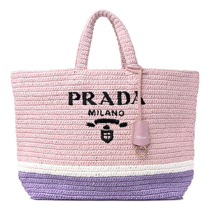 Prada Raffia Embroidered Striped Logo Miami Tote Pink Purple 1 of 8