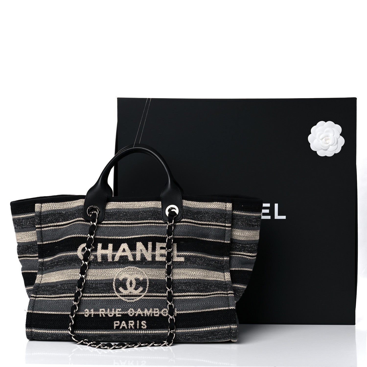 Chanel Striped Canvas Medium Deauville Tote Grey Black 14 of 14