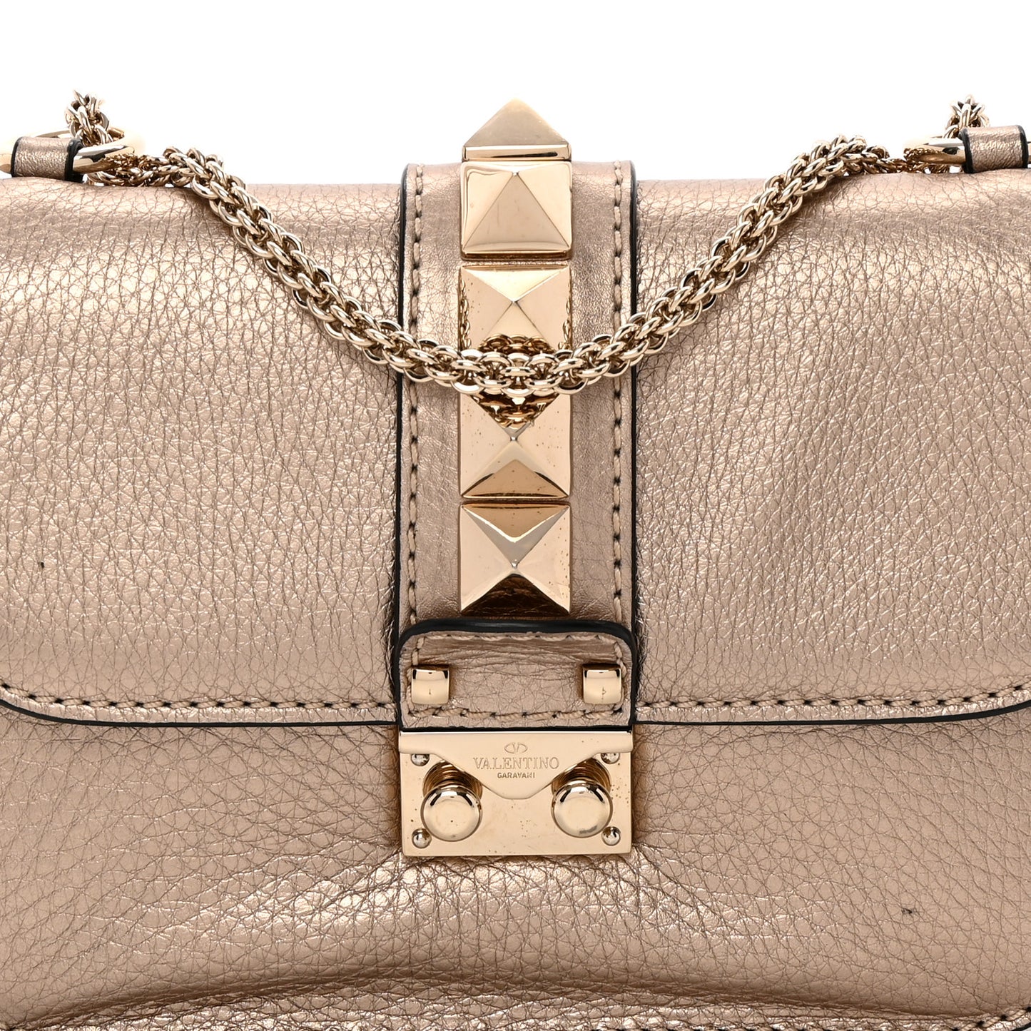 Metallic Vitello Small Glam Lock Rockstud Flap Platino