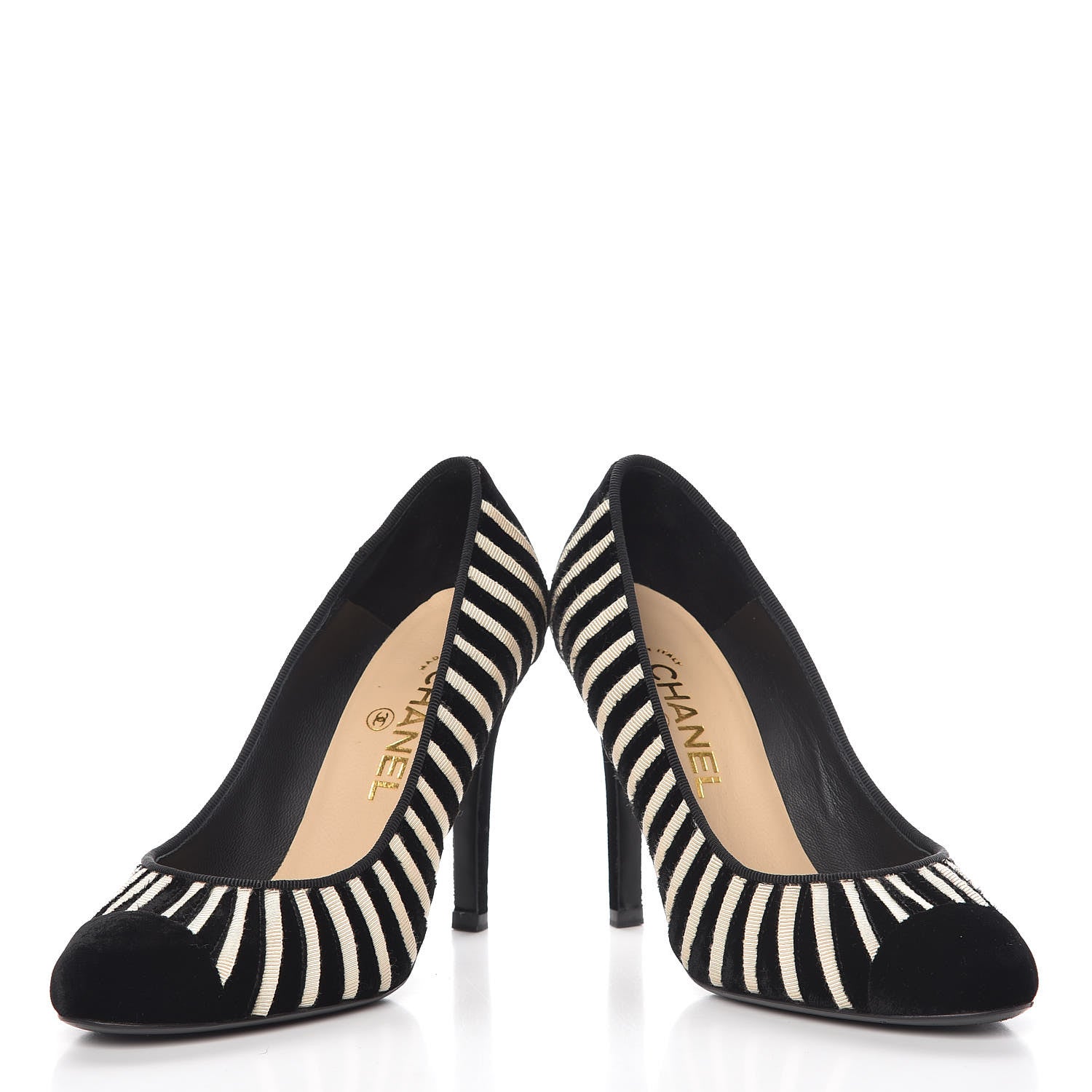 Chanel Velvet Stripe Cap Toe Pumps 37 Black Beige 6 of 12