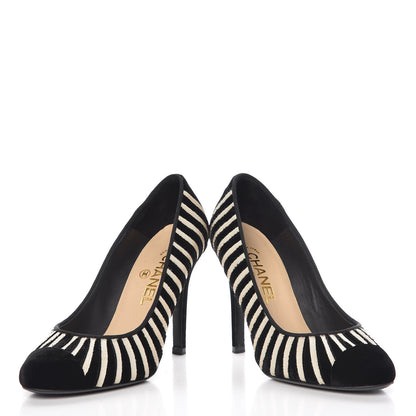 Chanel Velvet Stripe Cap Toe Pumps 37 Black Beige 6 of 12