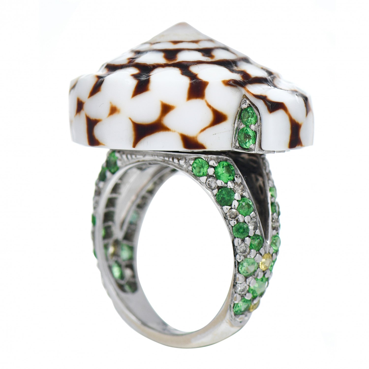 John Hardy 18K White Gold Diamond Sapphire Tsavorites Marble Cone Shell Cinta Ring 55 7.25 1 of 6