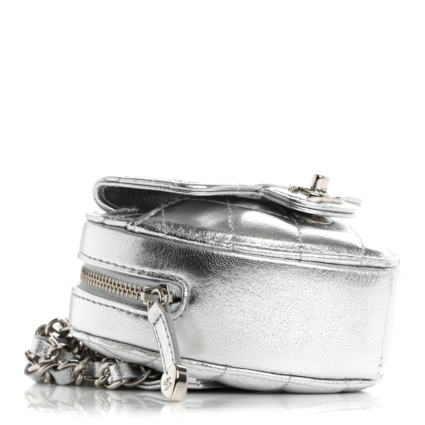 Metallic Lambskin Quilted CC In Love Heart Waist Belt Bag With Chain Silver