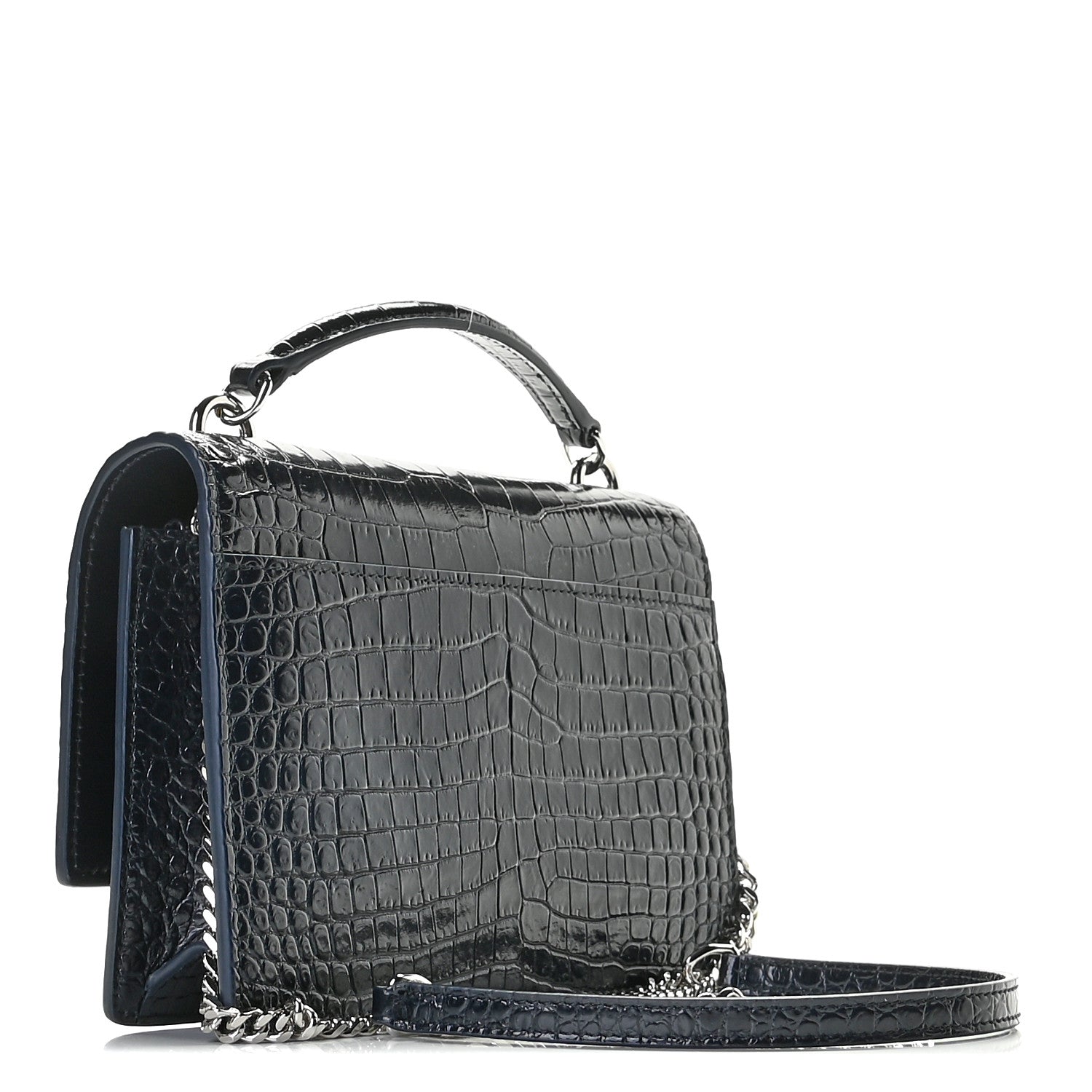 Saint Laurent Calfskin Crocodile Embossed Monogram Sunset Chain Wallet New Cobalt 2 of 9