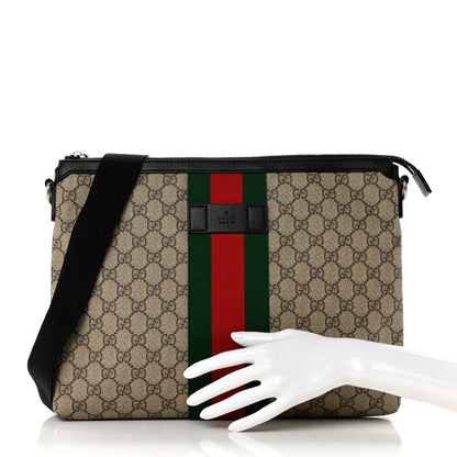 Gucci GG Supreme Monogram Calfskin Web Medium Flat Messenger Bag Beige Ebony Black 2 of 7