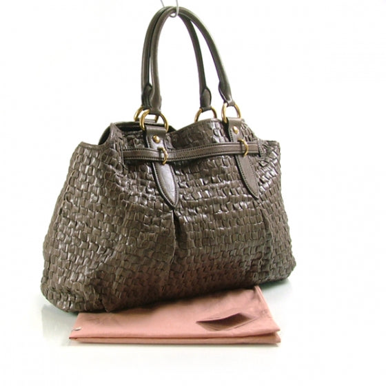 Miu Miu Leather Woven Shopper Tote Bag 3 of 11
