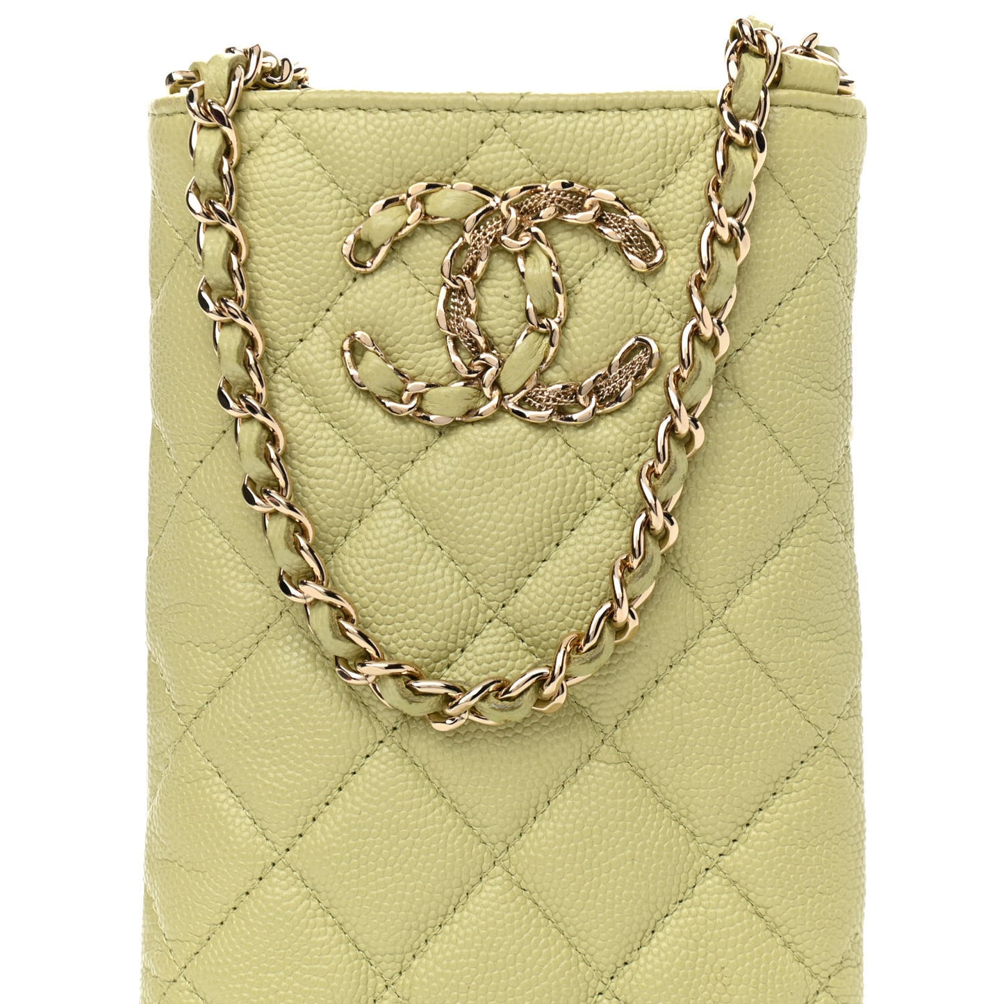Caviar Quilted French New Wave Phone Holder With Chain Light Green
