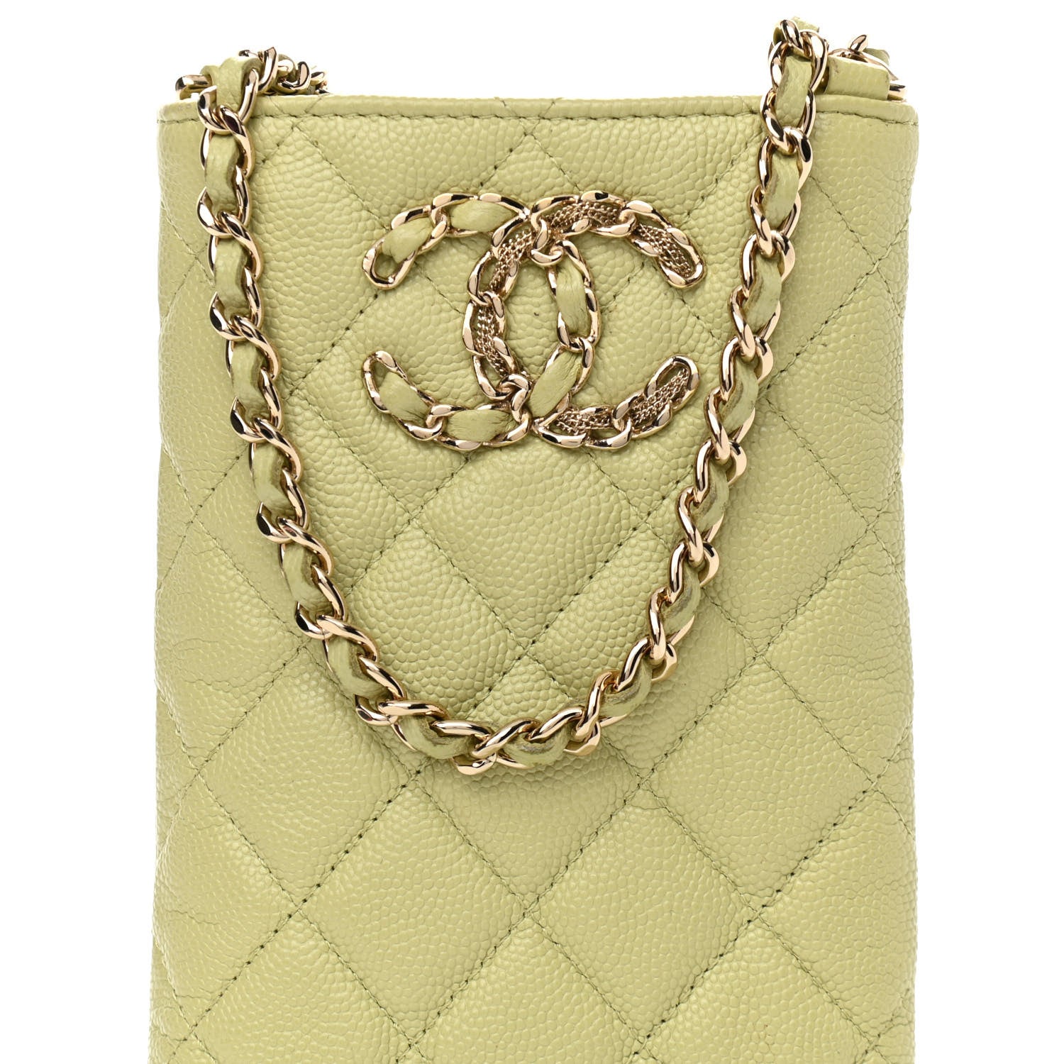 Chanel Caviar Quilted French New Wave Phone Holder With Chain Light Green 9 of 13