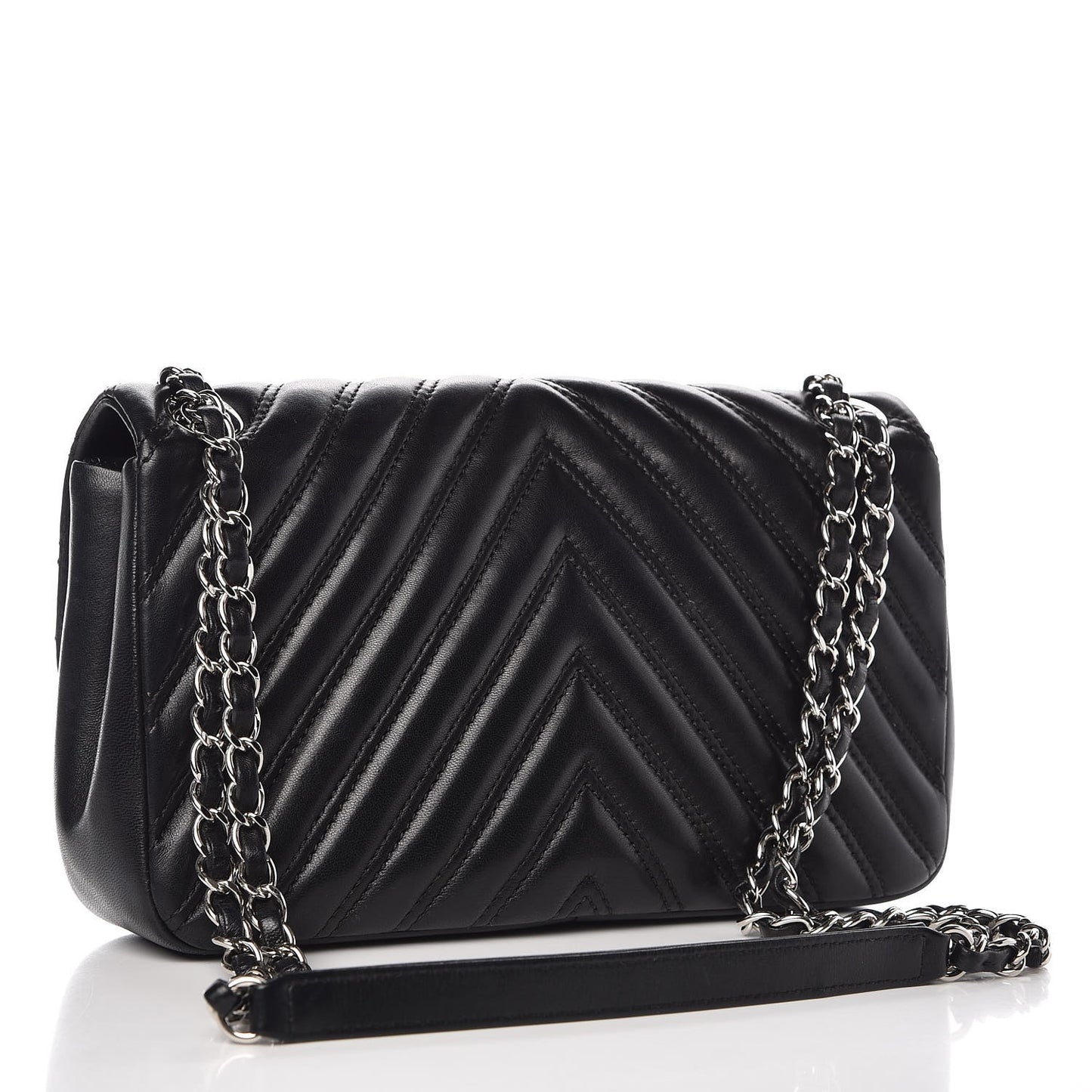 Lambskin Chevron Double Stitch Medium Single Flap Black