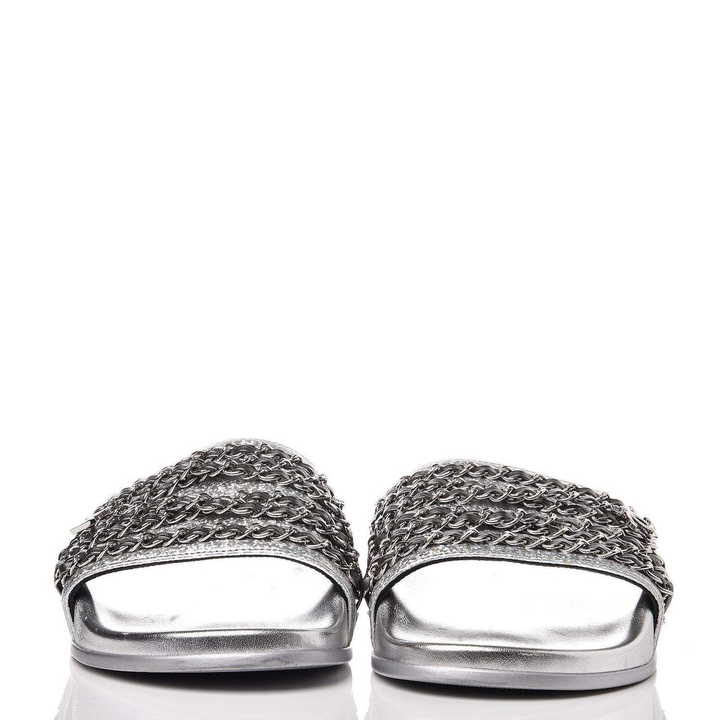 Metallic Lambskin Chain Flat Sandals 42 Silver