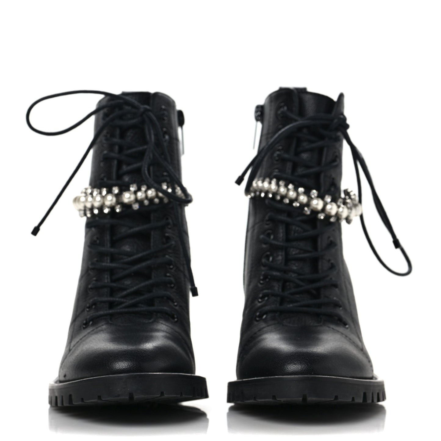 Grained Goatskin Pearl Crystal Embellished Cruz Combat Boots 36.5 Black