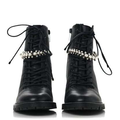 Jimmy Choo Grained Goatskin Pearl Crystal Embellished Cruz Combat Boots 36.5 Black 2 of 9