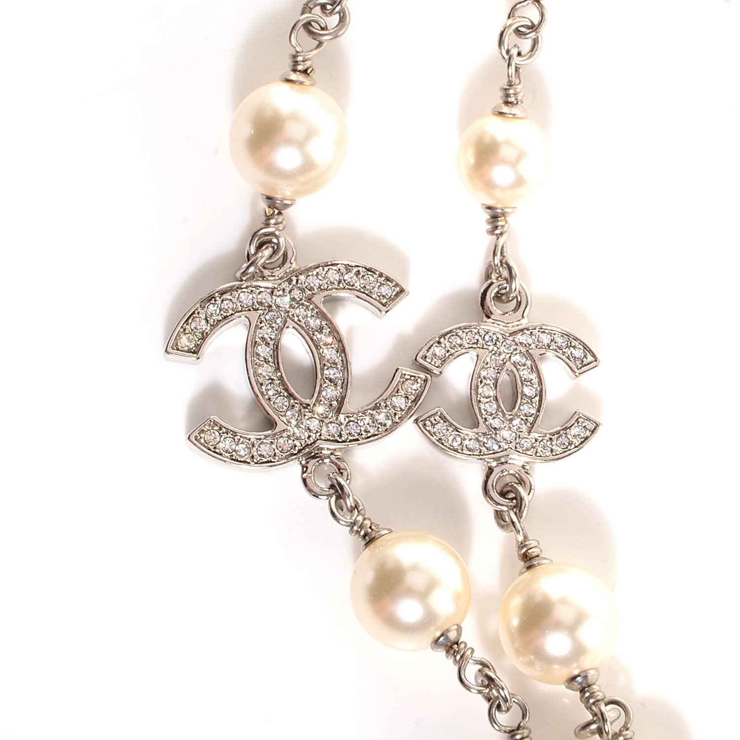 Chanel Crystal Pearl CC Long Necklace Silver 3 of 4