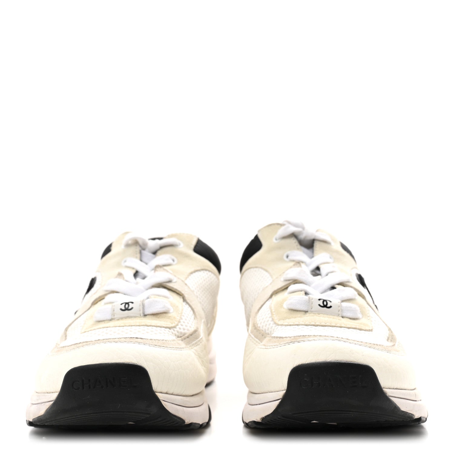 Chanel Mesh Suede Calfskin Grained Calfskin Womens CC Sneakers 39.5 White Black 3 of 9