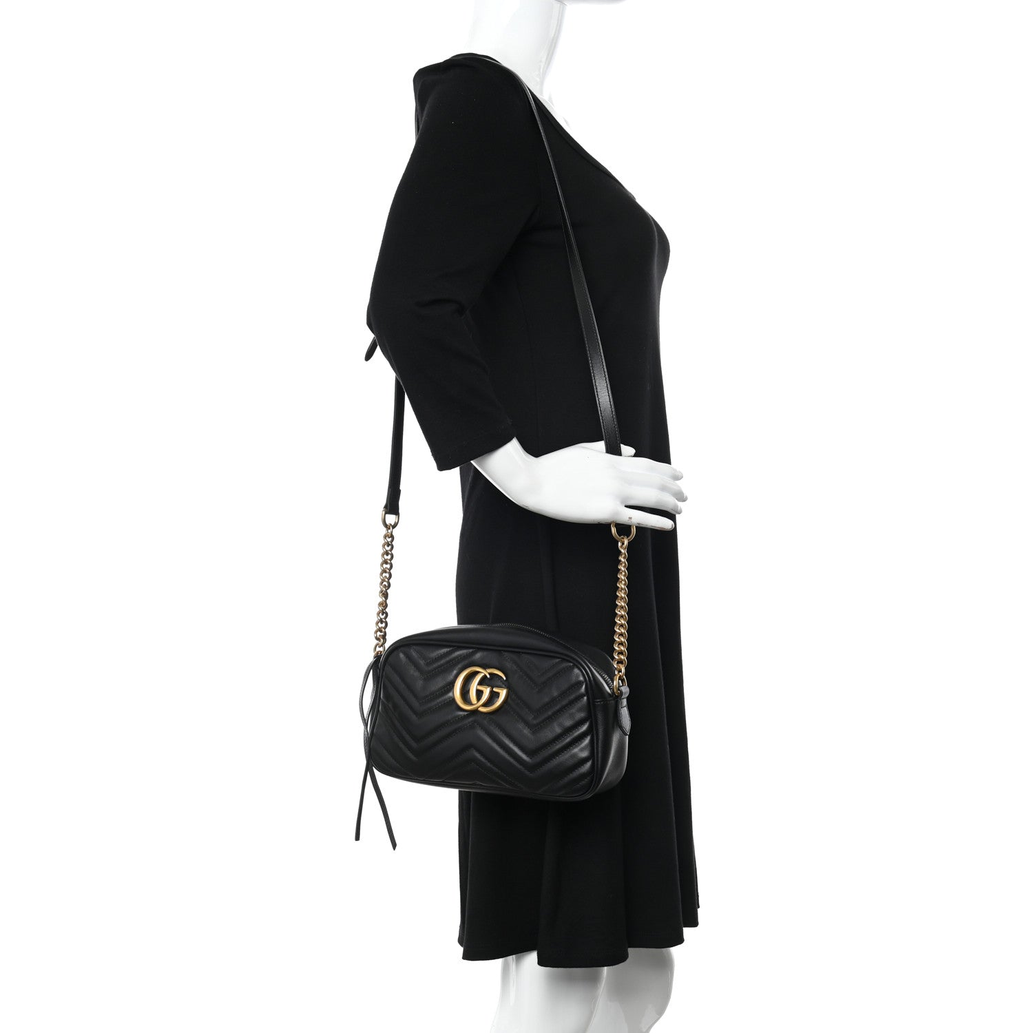 Gucci Calfskin Matelasse Small GG Marmont Chain Shoulder Bag Black 2 of 10