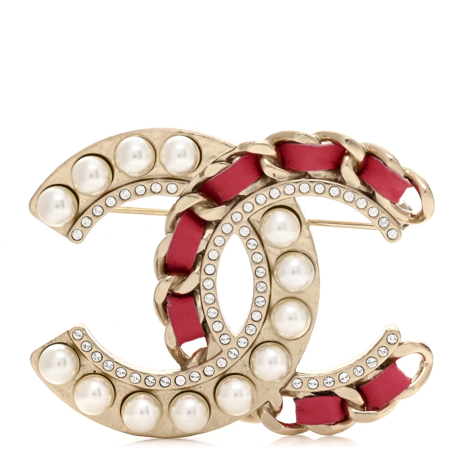 Chanel Lambskin Pearl Crystal CC Chain Brooch Pink Gold 1 of 3