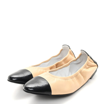 Chanel Lambskin Shiny Goatskin Calfskin Ballerina Flats 39.5 Beige Black 3 of 9
