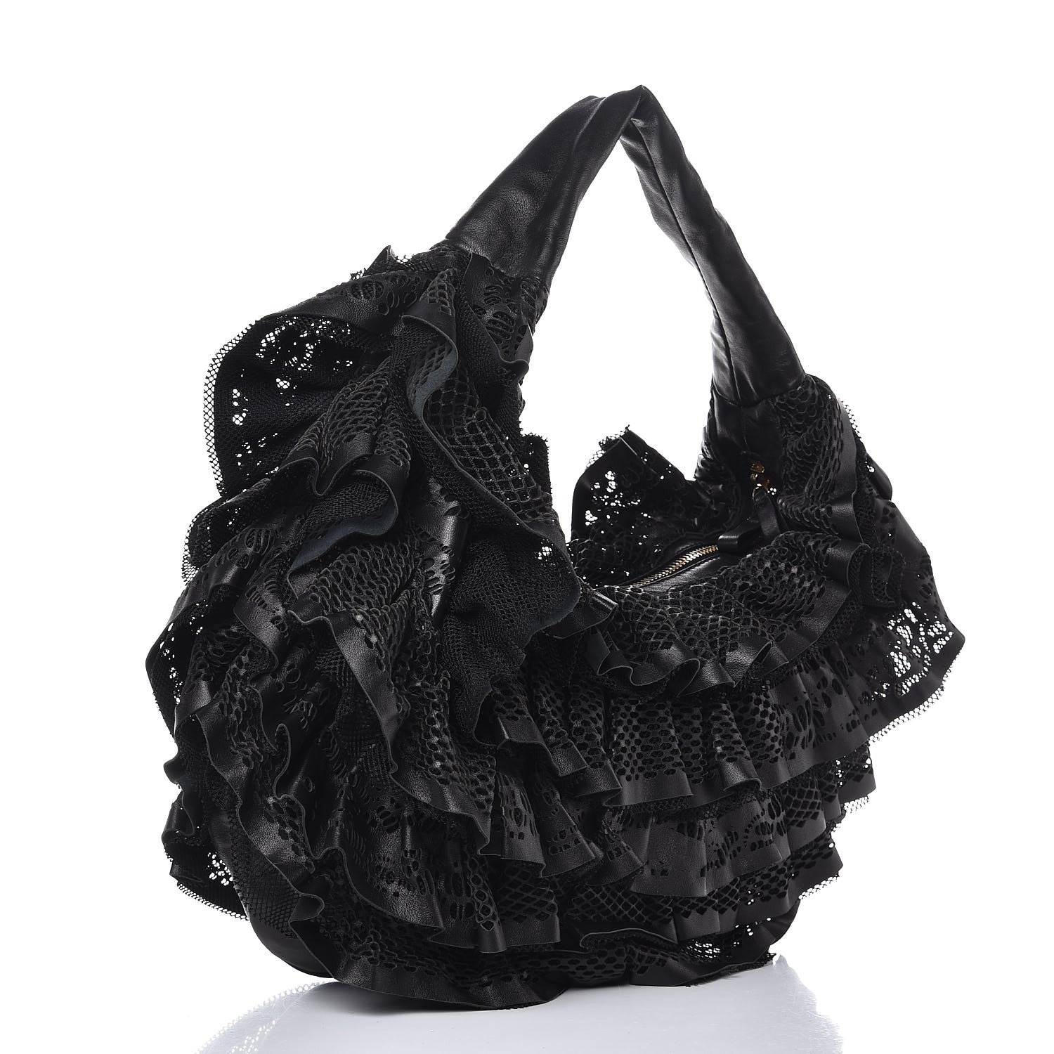 Valentino Garavani Lambskin Mesh Ruffle Hobo Black 3 of 7