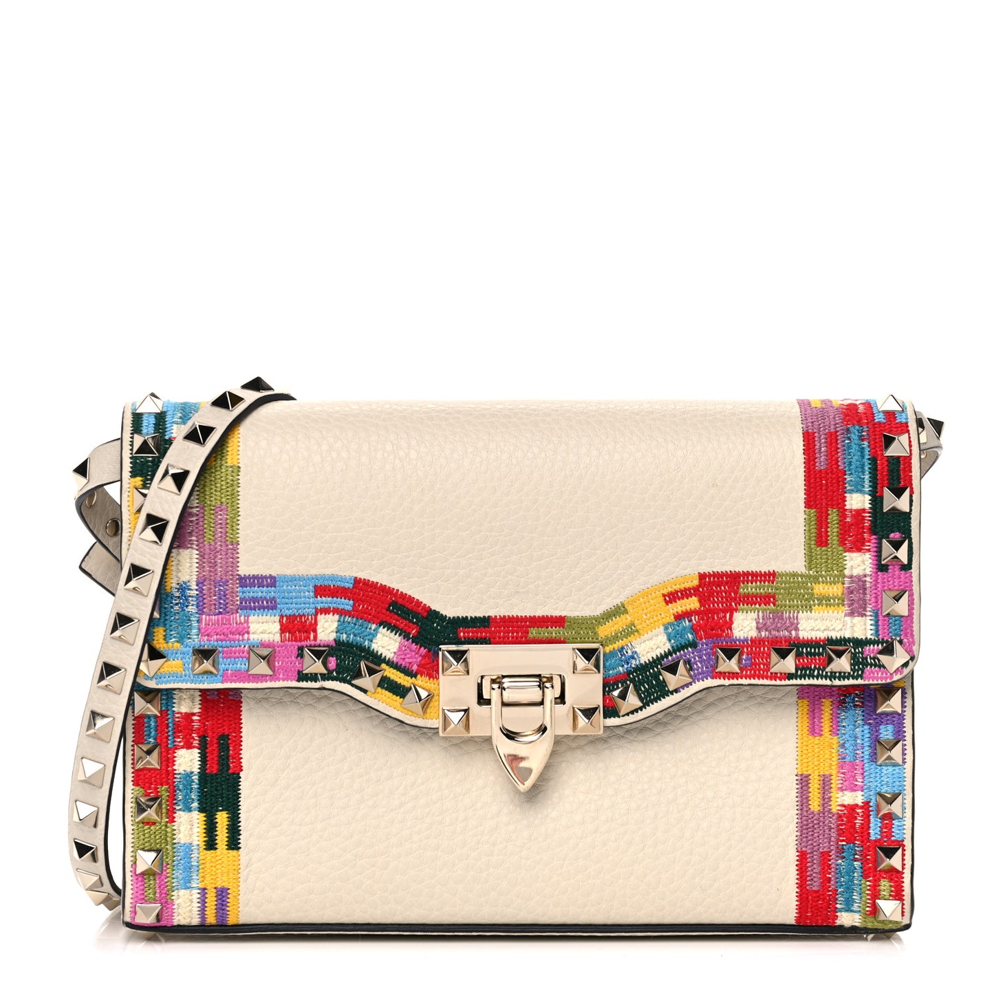 Pebbled Calfskin Embroidered Medium Rockstud Flip Lock Crossbody Bag Ivory