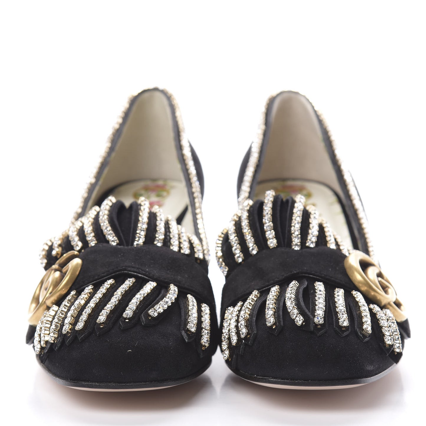 Kid Scamosciato Crystal GG Marmont Fringe 50mm Loafer Pumps 37 Black