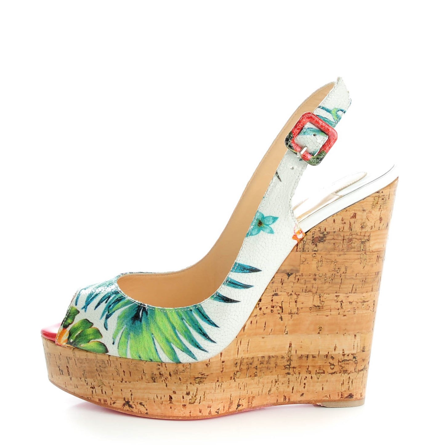 Crackled Calfskin Hawaii Print Une Plume Sling 140 Wedges 39 Version White