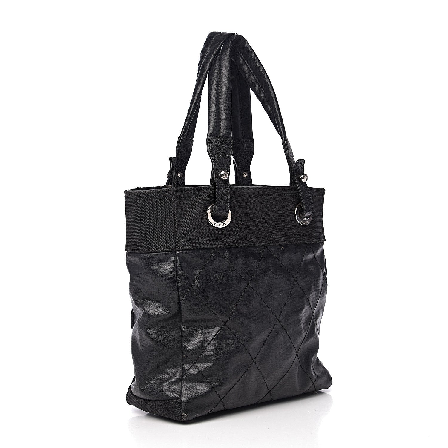 Chanel Coated Canvas Quilted Small Paris Biarritz Tote Black 2 of 10