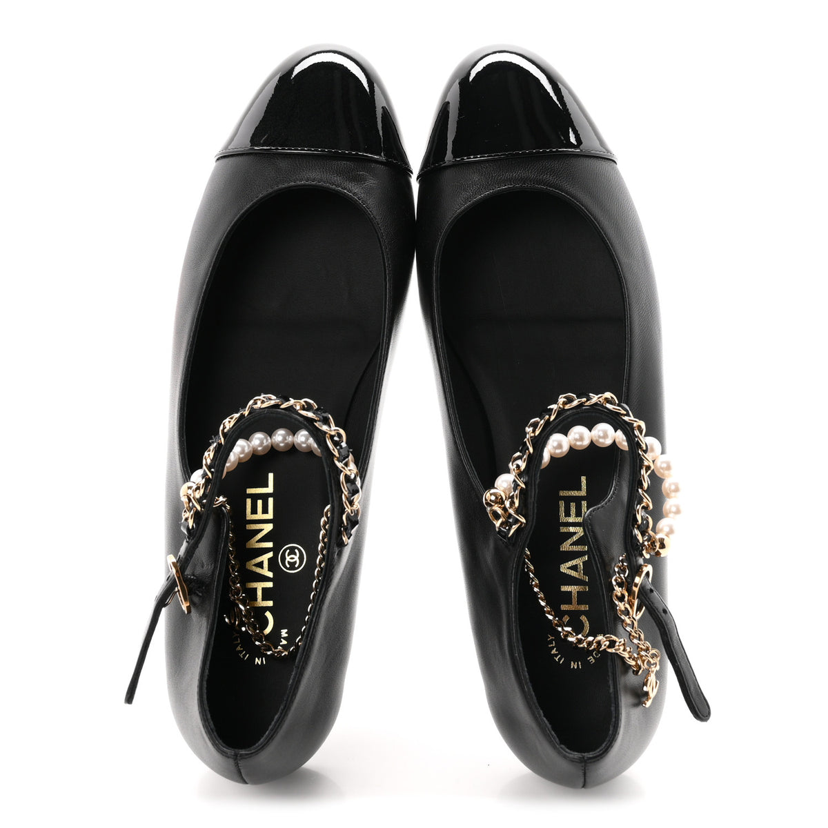 Shiny Lambskin Pearl Cap Toe Ankle Chain Ballerina Flats 38 Black