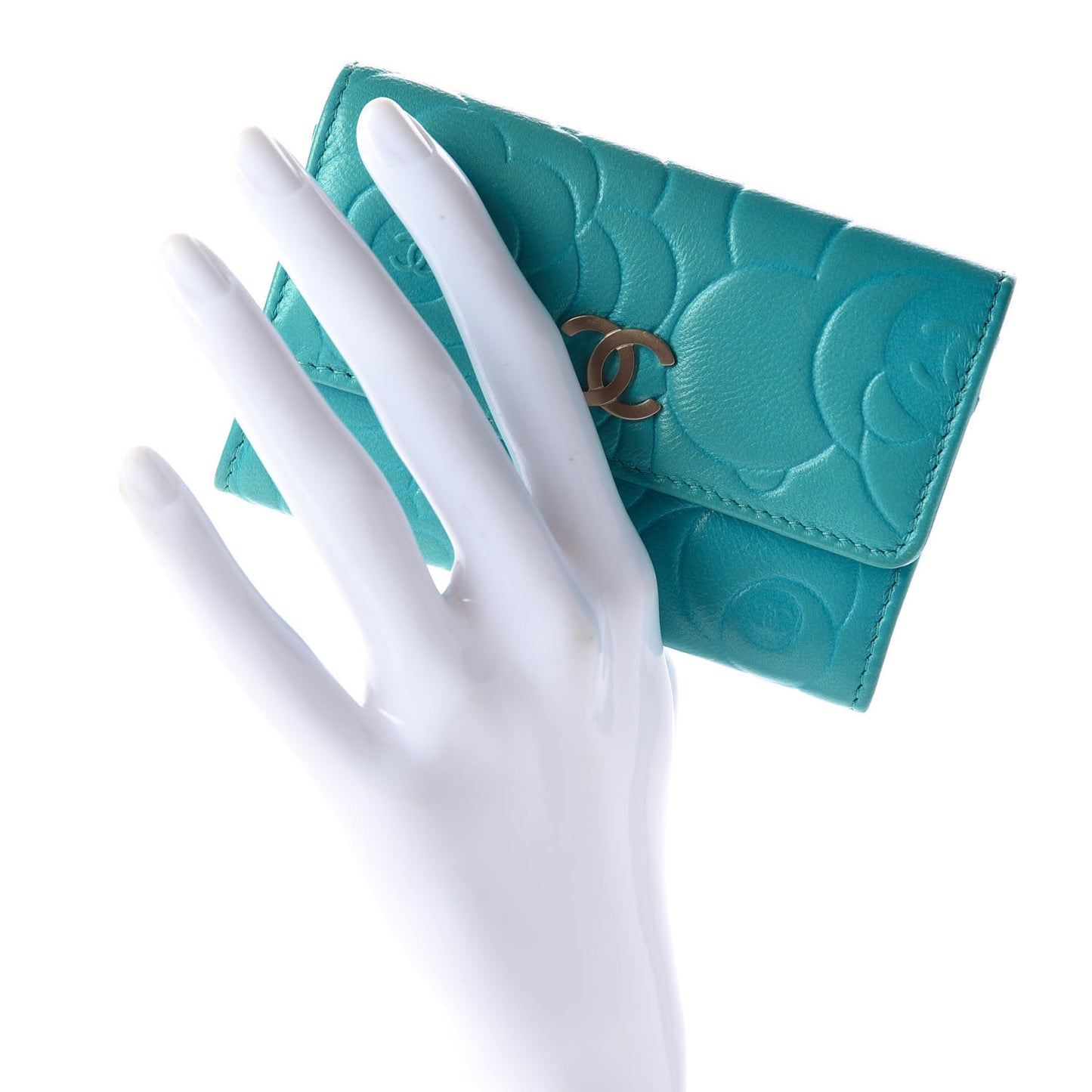 Goatskin Camellia Embossed Card Holder Turquoise
