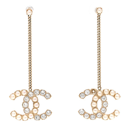 Chanel Crystal Pearl Dazzling Domino Drop Earrings Matte Gold 1 of 5