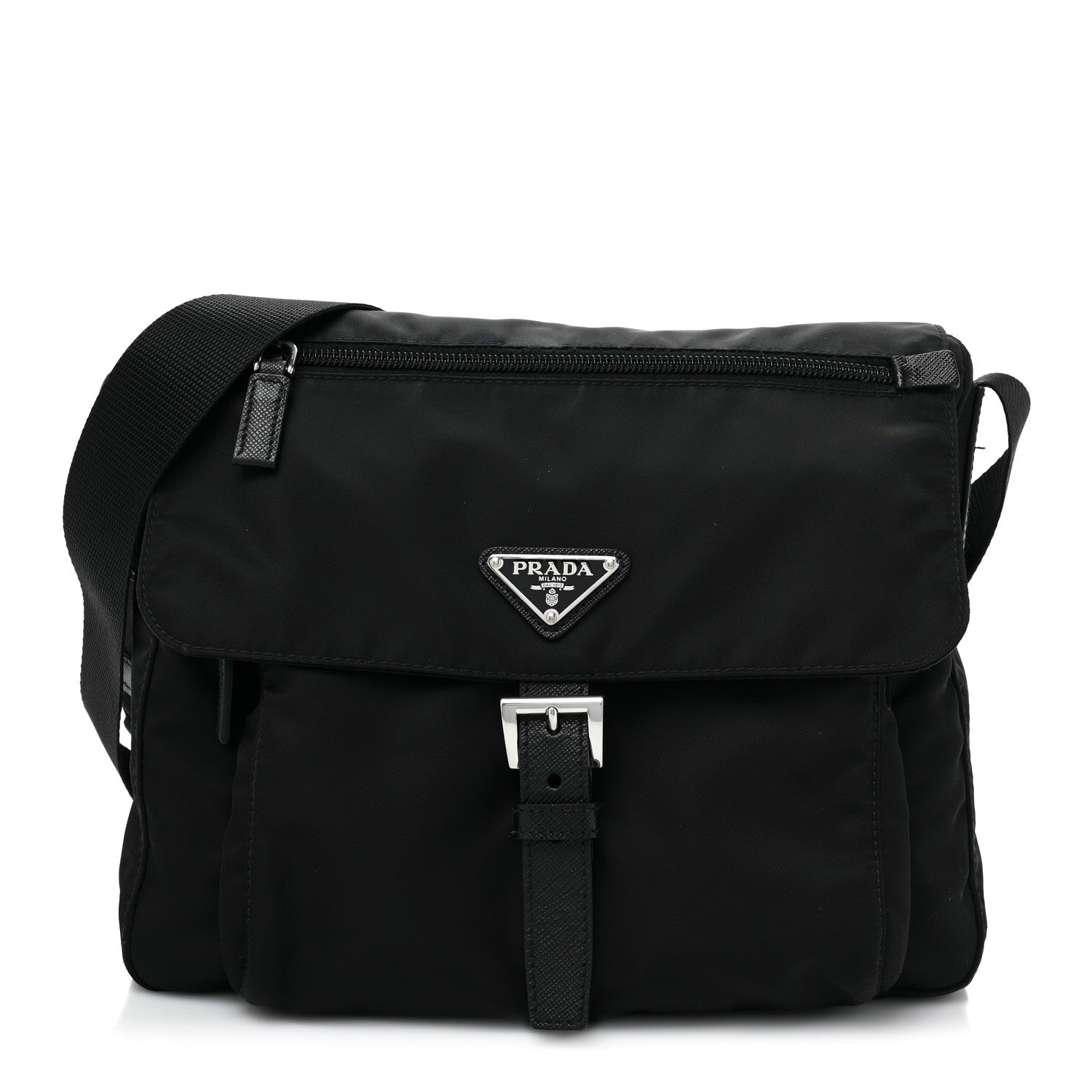 Prada Nylon Vela Saffiano Single Buckle Messenger Shoulder Bag Black 1 of 10
