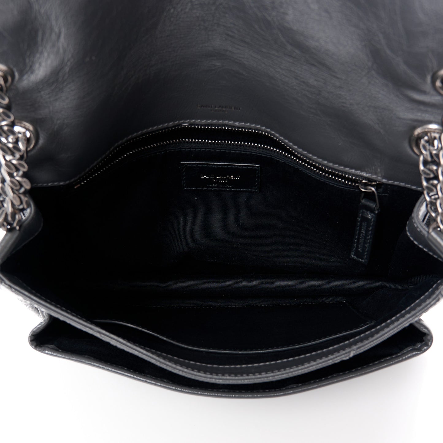 SAINT LAURENT Crinkled Calfskin Matelasse Monogram Medium Niki Chain Satchel Storm