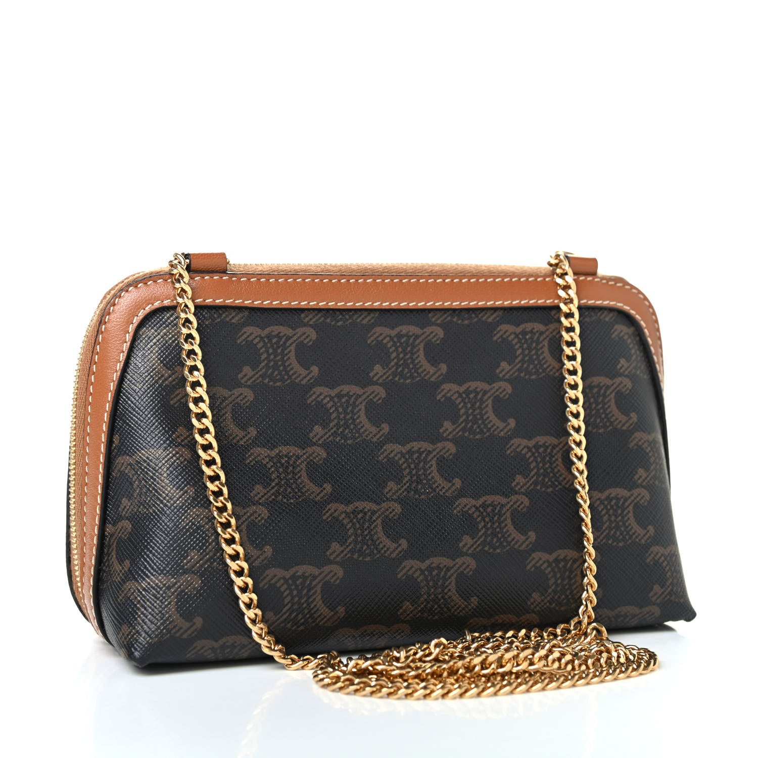Celine Triomphe Canvas Calfskin Mini Clutch on Chain Tan 2 of 4