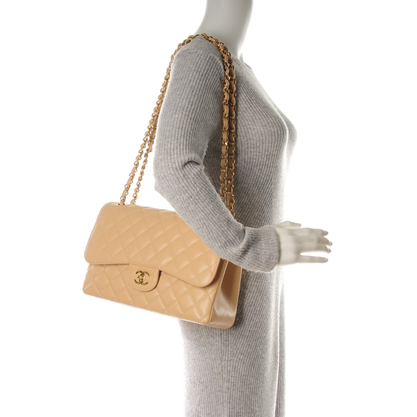 Caviar Quilted Jumbo Double Flap Beige Clair