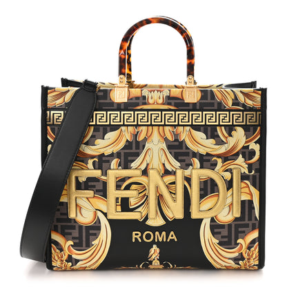 Fendi X VERSACE Calfskin Plexiglass Fendace FF Baroque Print Medium Fendi Sunshine Shopper Tote Black Gold 1 of 11