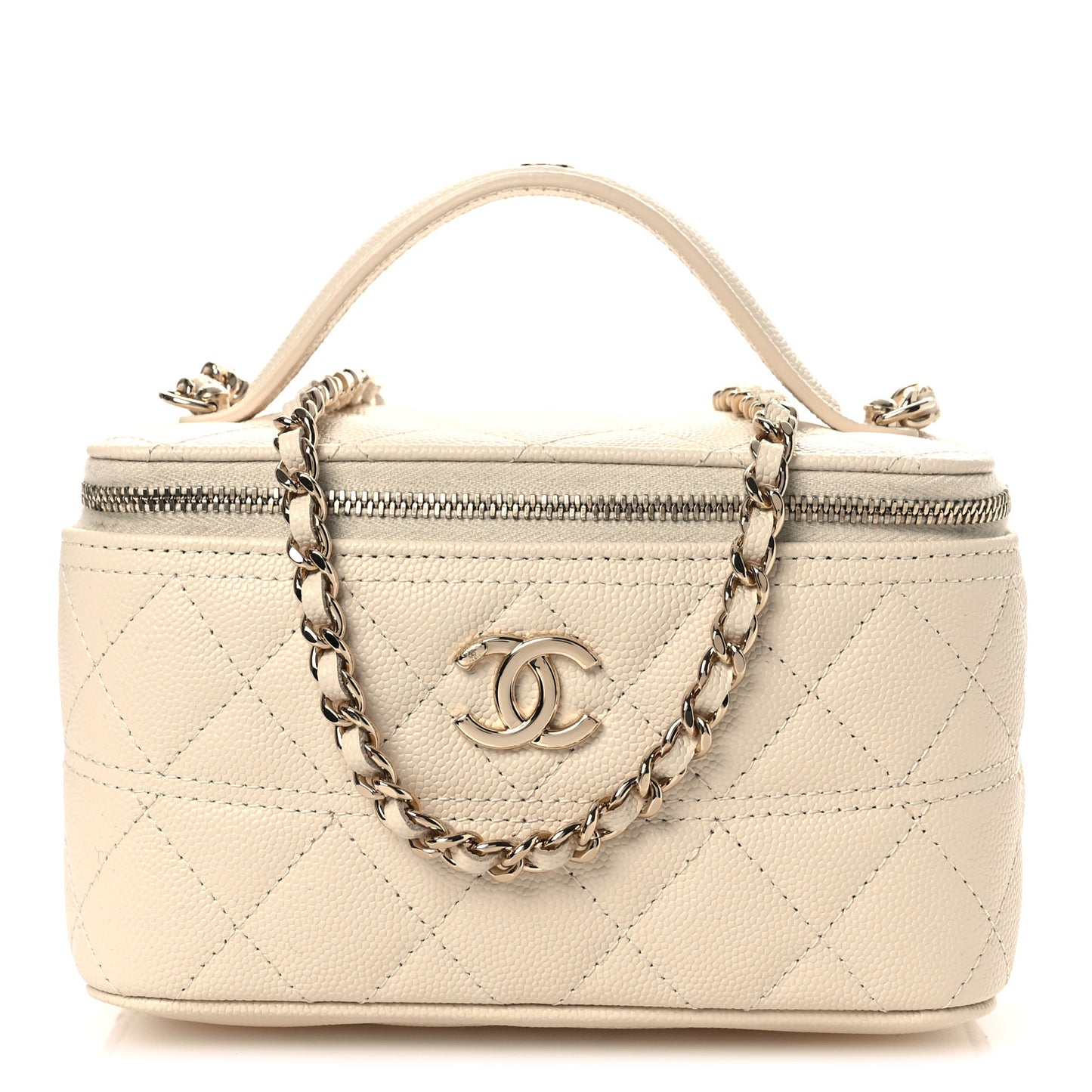 Caviar Quilted Trendy Handle Mini Vanity Ecru