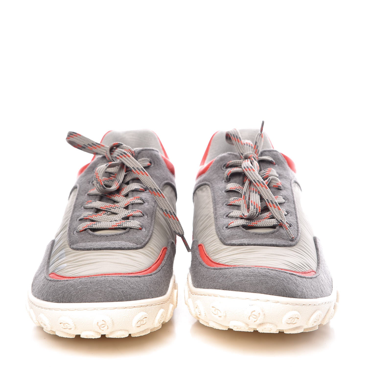 Chanel Nylon Calfskin Suede Mens CC Sneakers 45 Grey Red 2 of 11