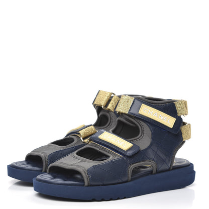 Chanel Goatskin Fabric Gladiator Sandals 38 Navy Blue Light Grey Yellow 3 of 8
