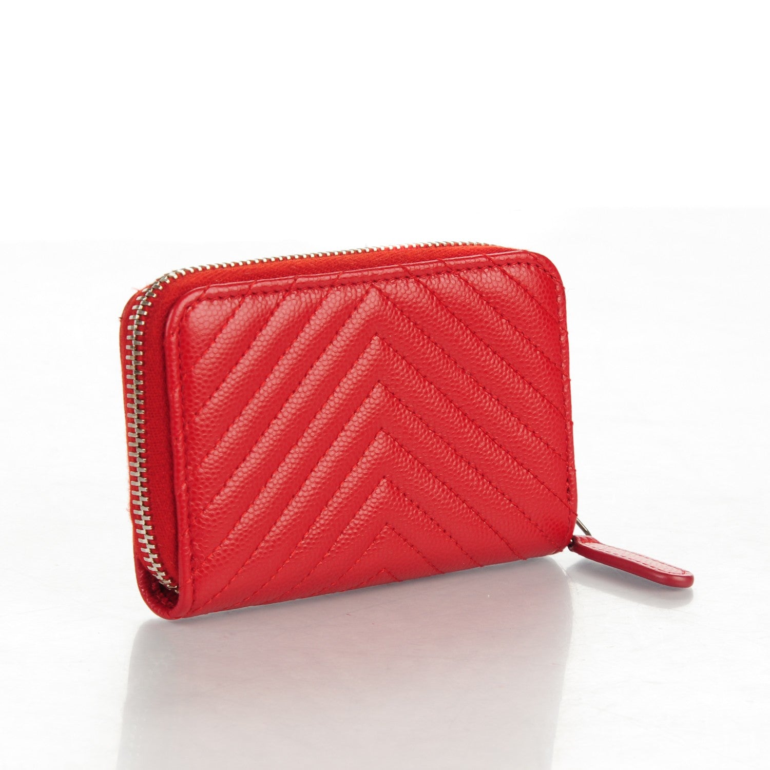 Chanel Caviar Chevron Quilted Zip Around Coin Purse Red 3 of 7