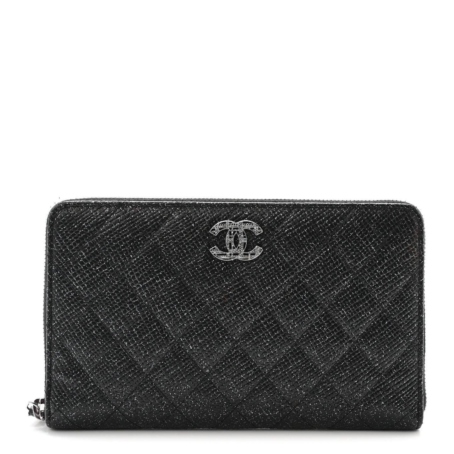 Glittered Calfskin Quilted Large Zip Around Organizer Wallet Black
