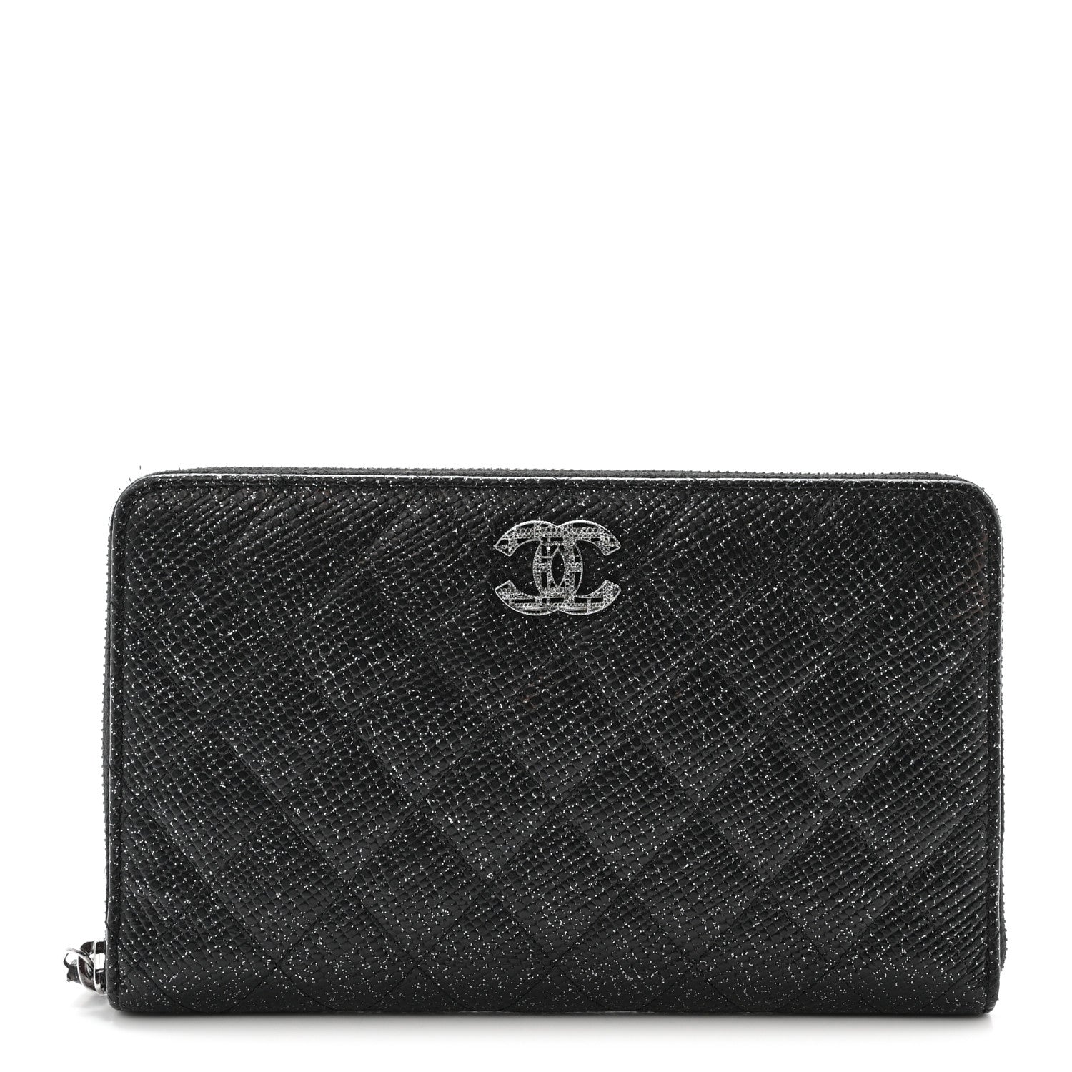 Chanel Glittered Calfskin Quilted Large Zip Around Organizer Wallet Black 1 of 9