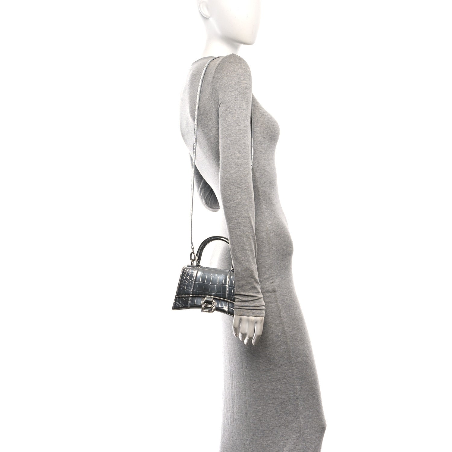 Balenciaga Metallic Calfskin Crocodile Embossed Crystal Hourglass Top Handle Bag XS Silver 3 of 15