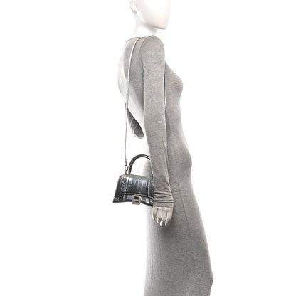 Balenciaga Metallic Calfskin Crocodile Embossed Crystal Hourglass Top Handle Bag XS Silver 3 of 15