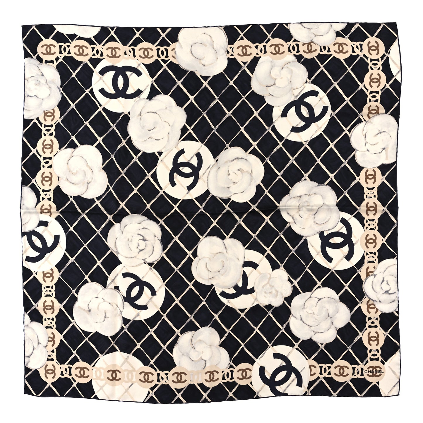 Silk Camellia CC Square Scarf Black