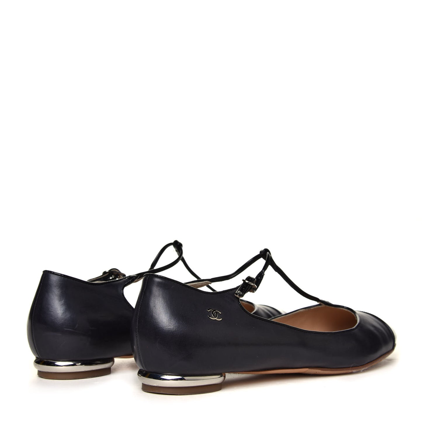 Lambskin Patent Cap Toe T Strap Flats 41 Black