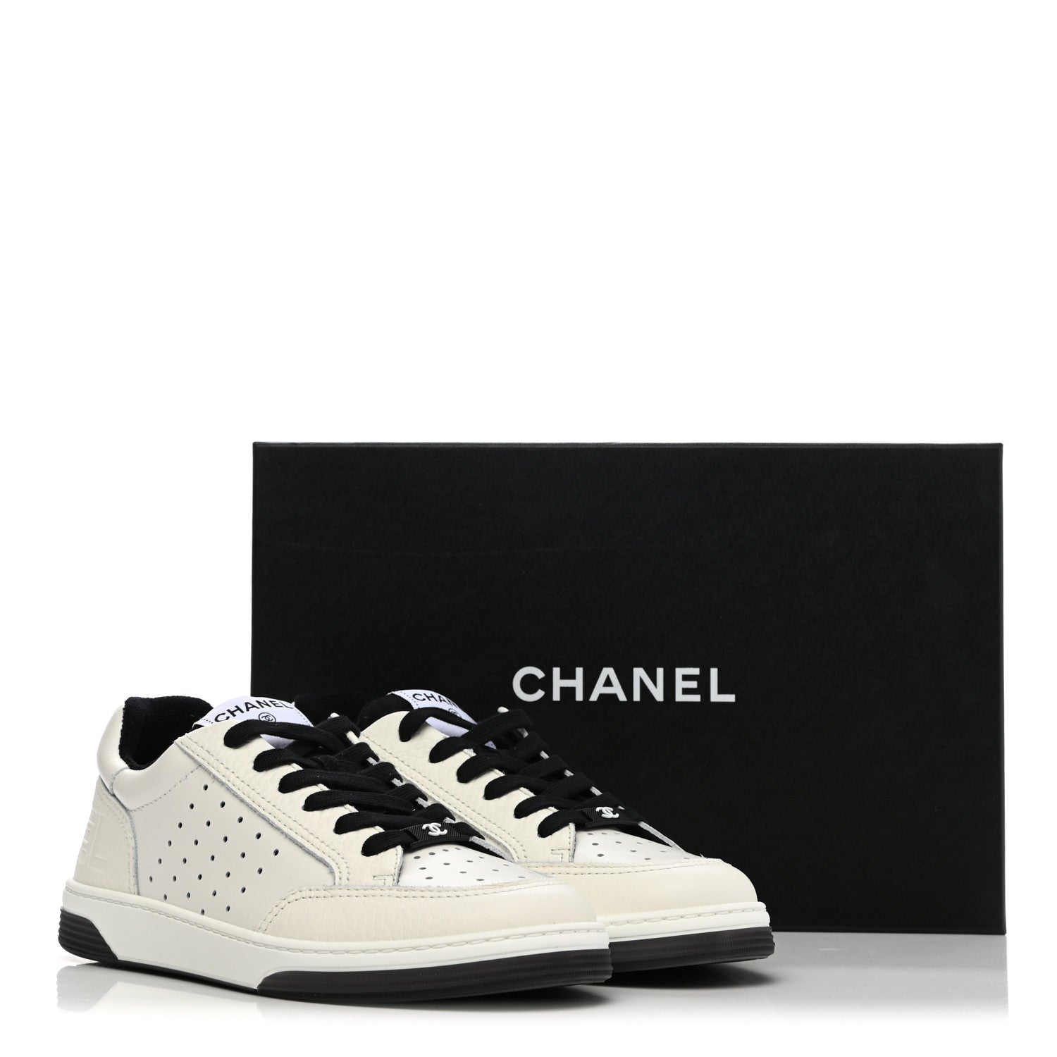 Chanel Grained Calfskin Fabric Womens Logo Sneakers 39 White Black 9 of 9