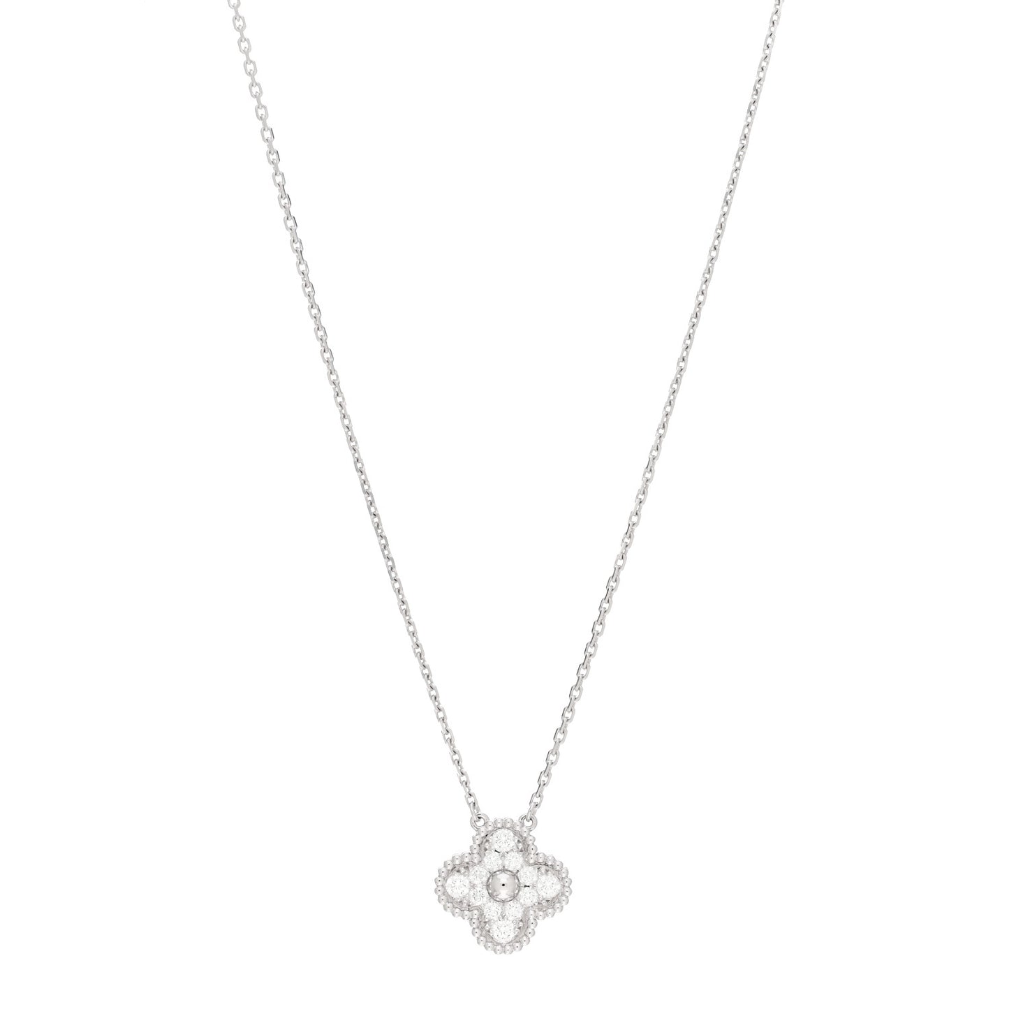 18K White Gold Diamond Vintage Alhambra Pendant Necklace