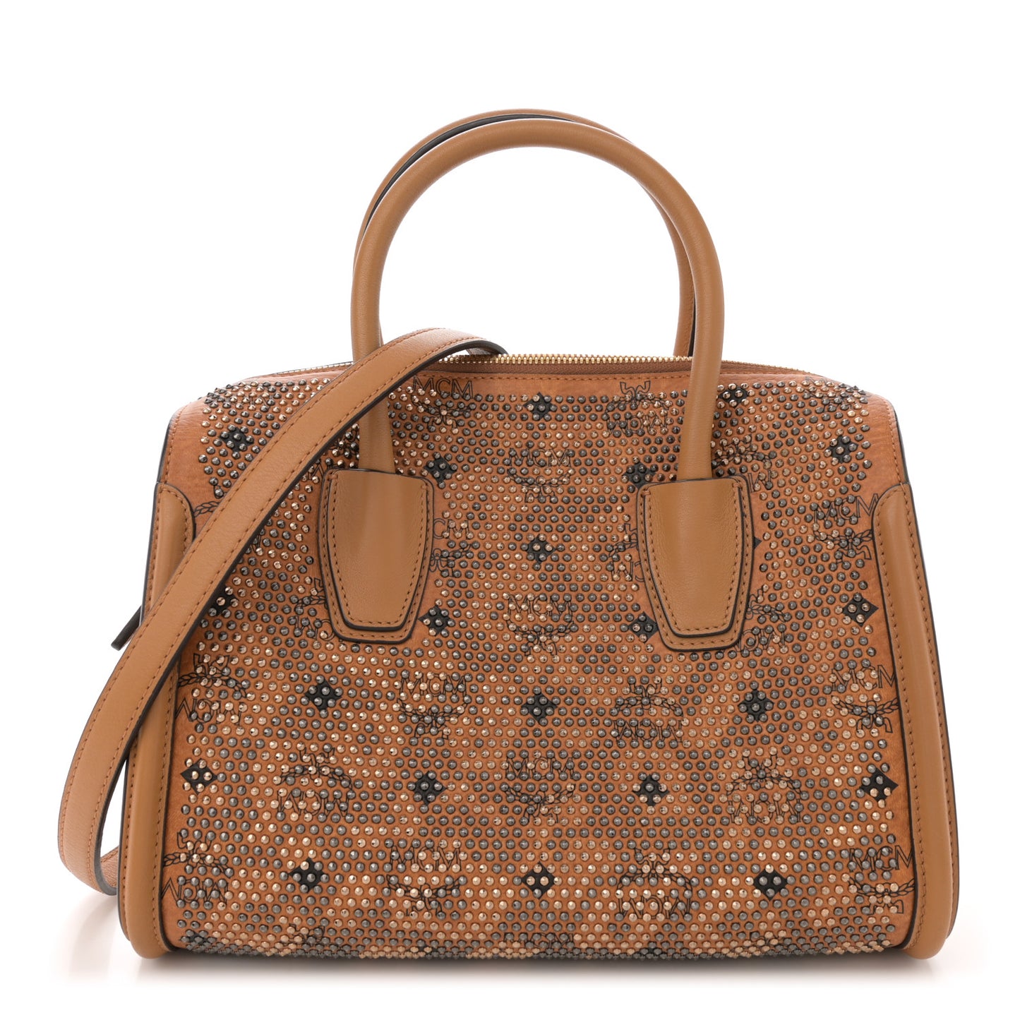 Visetos Calfskin Studded Boston Bag Cognac