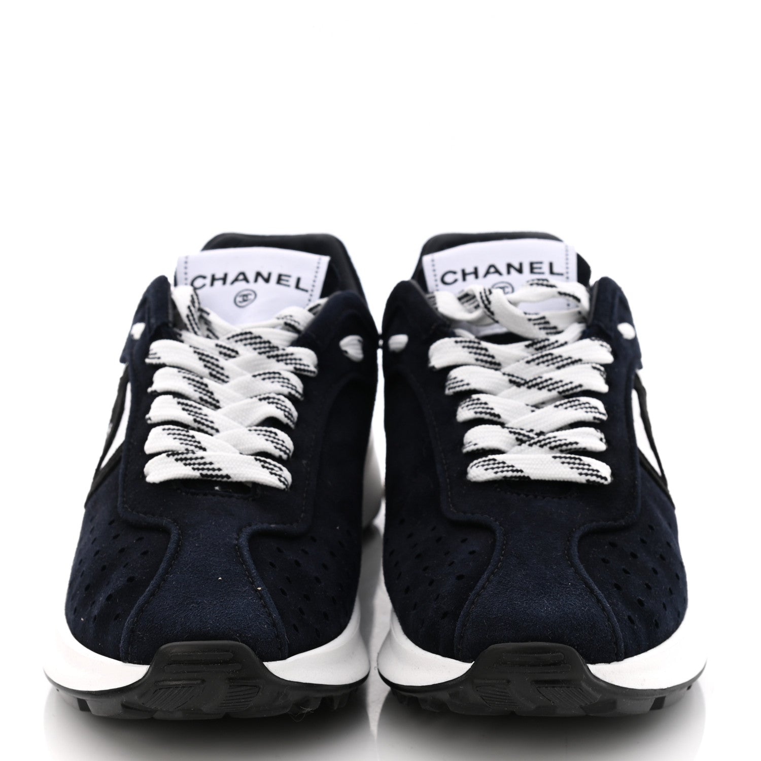 Chanel Suede Perforated Womens CC Sneakers 35.5 Black White 2 of 9