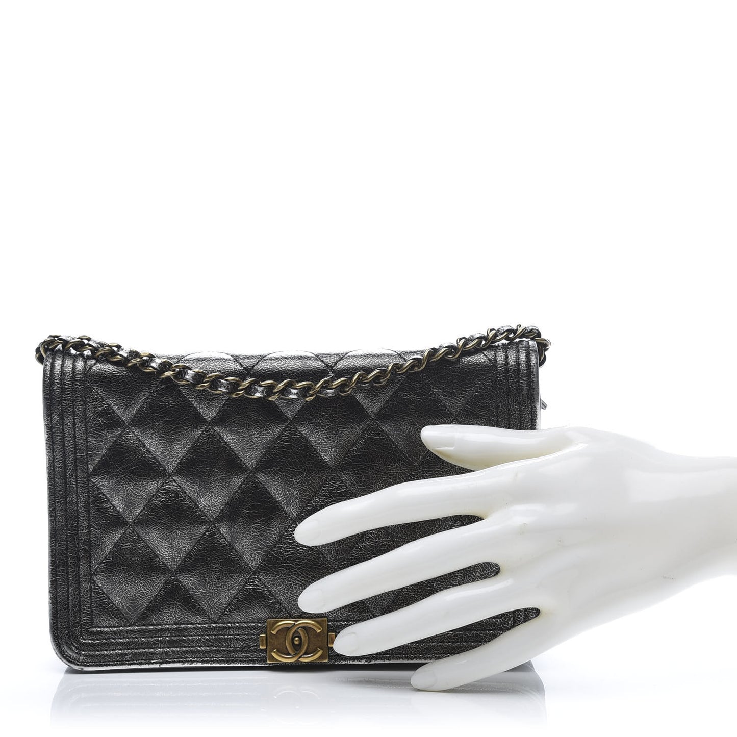 Metallic Calfskin Quilted Boy Wallet On Chain WOC Charcoal